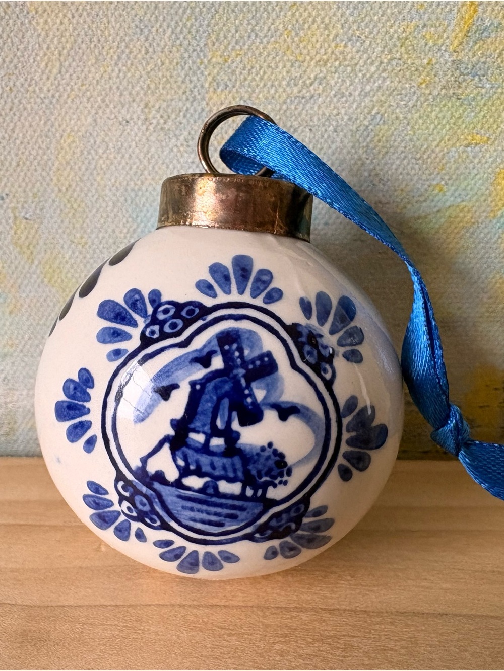 Delft Blue and White Ceramic Holiday Ornament with Windmill Motif